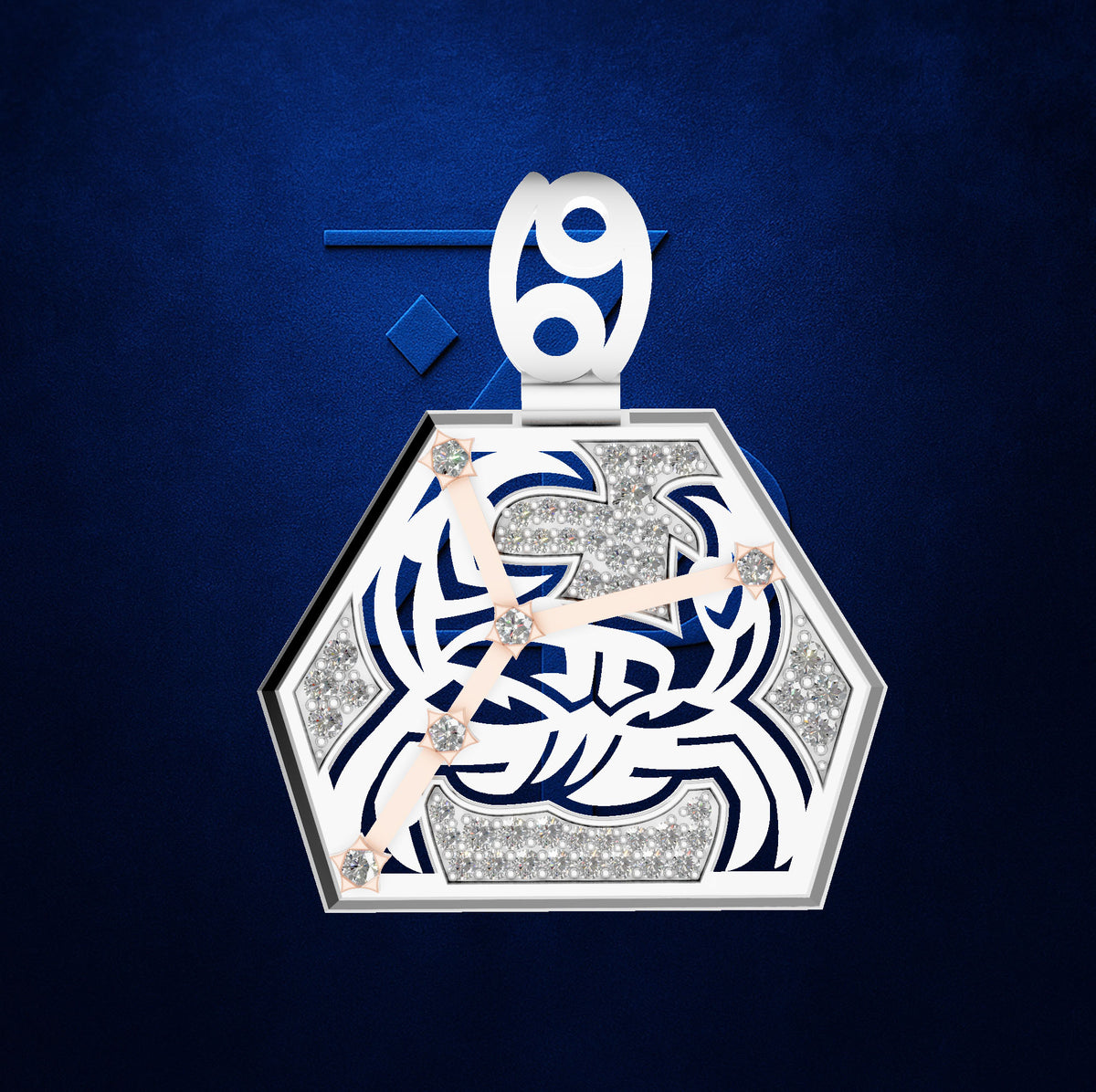 A silver-toned hexagonal pendant featuring a stylized crab design set with clear stones and pinkish-beige hands, suspended against a textured dark blue background.