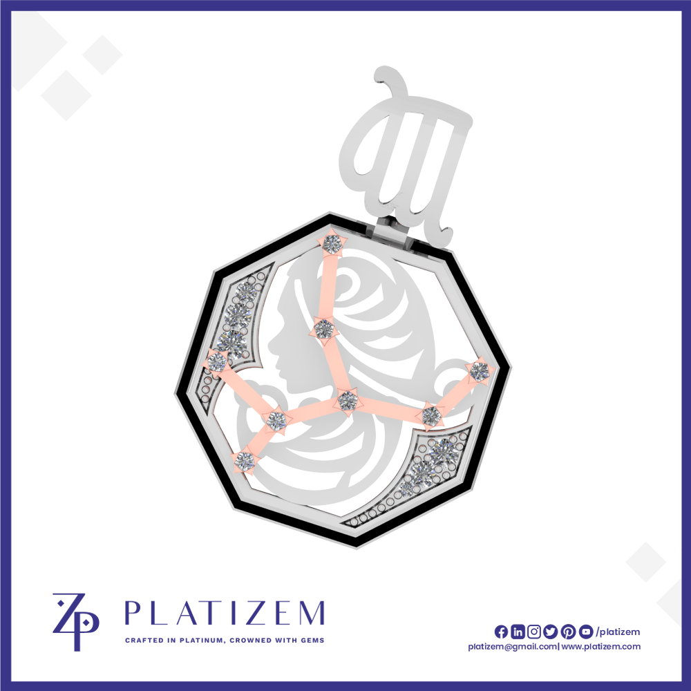 A Platizem octagonal pendant featuring a silver-toned Libra zodiac symbol at the top, a black outer border, and a pale pink inner design with a lion head and gemstone accents. The brand logo 'PLATIZEM' is visible at the bottom left.
