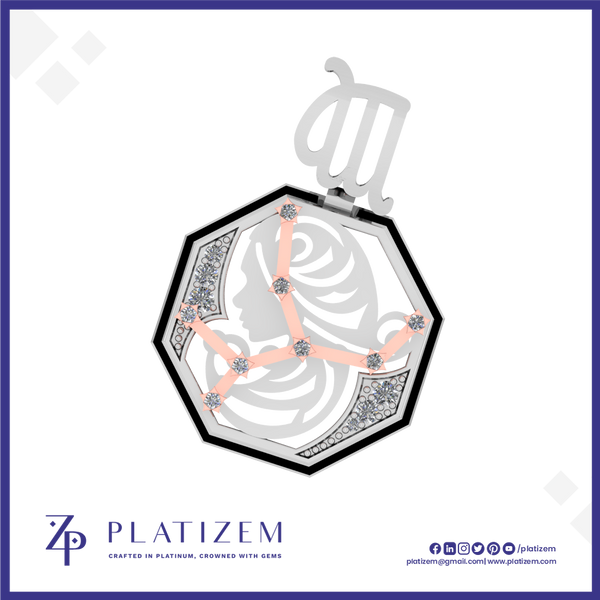 A Platizem octagonal pendant featuring a silver-toned Libra zodiac symbol at the top, a black outer border, and a pale pink inner design with a lion head and gemstone accents. The brand logo 'PLATIZEM' is visible at the bottom left.