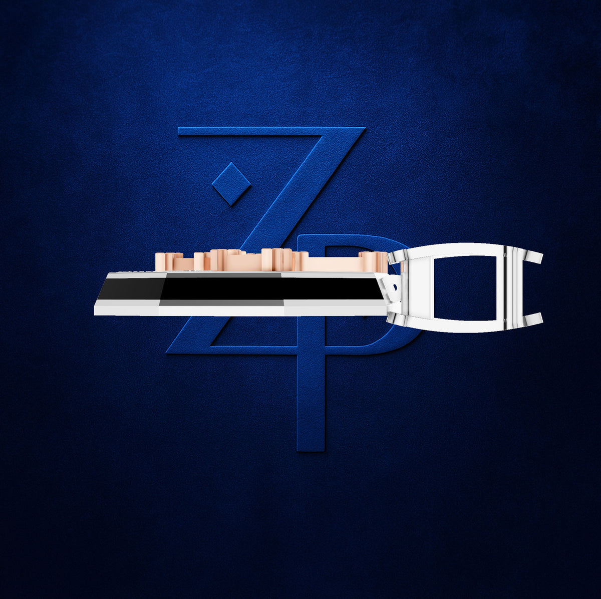 A white and black rectangular electronic device with a metallic copper-colored top surface, shown in profile against a textured dark blue background with a stylized blue 'ZP' logo.