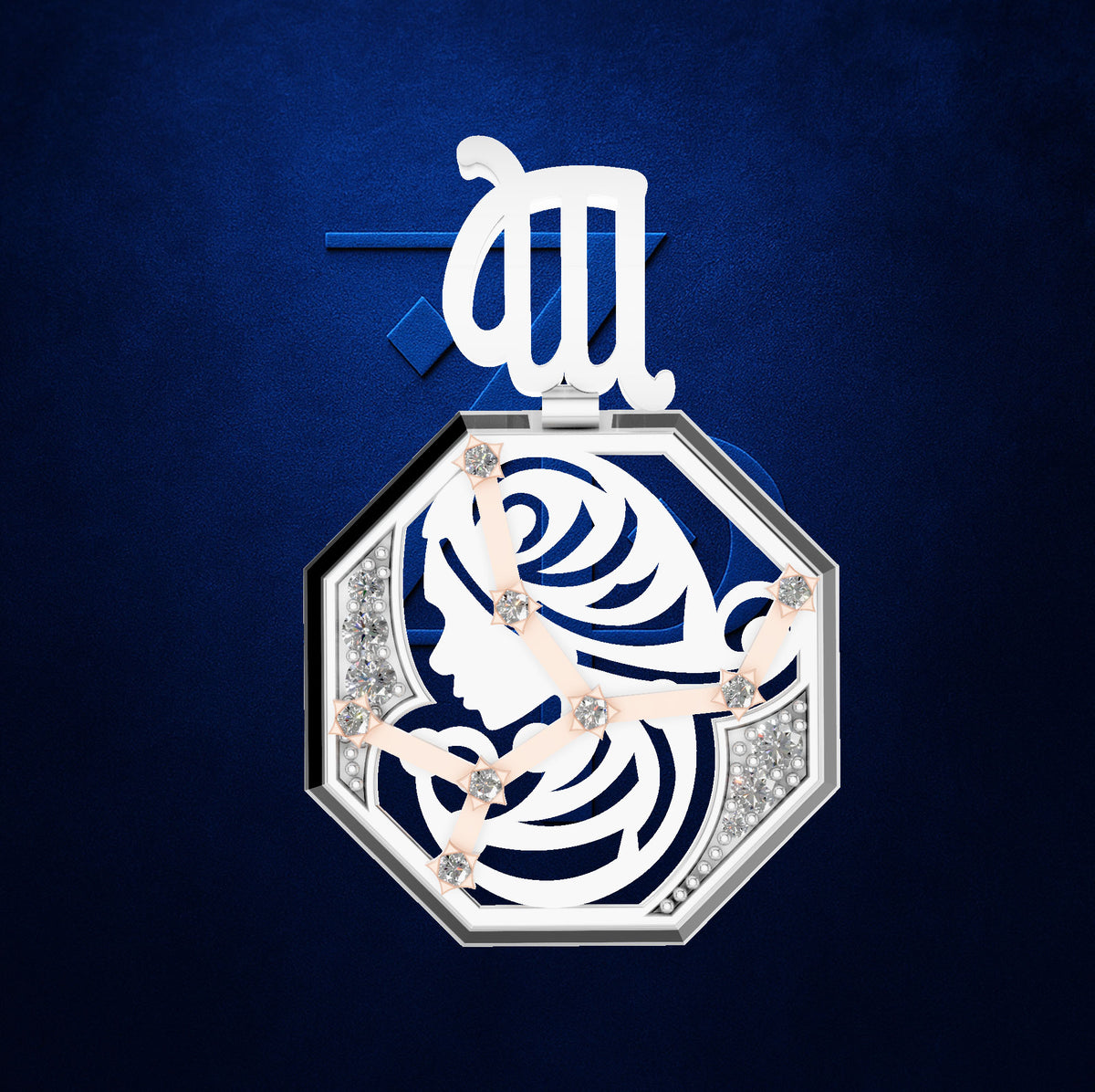 An octagonal pendant clock featuring a white and navy blue celestial design with a stylized zodiac symbol at the top, accented with rose gold hands and clear crystals, set against a textured dark blue background.
