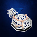 A silver-toned and rose gold-toned geometric pendant featuring a stylized skeleton ribcage, a white skull motif, and clear gemstones, set against a textured dark blue background.