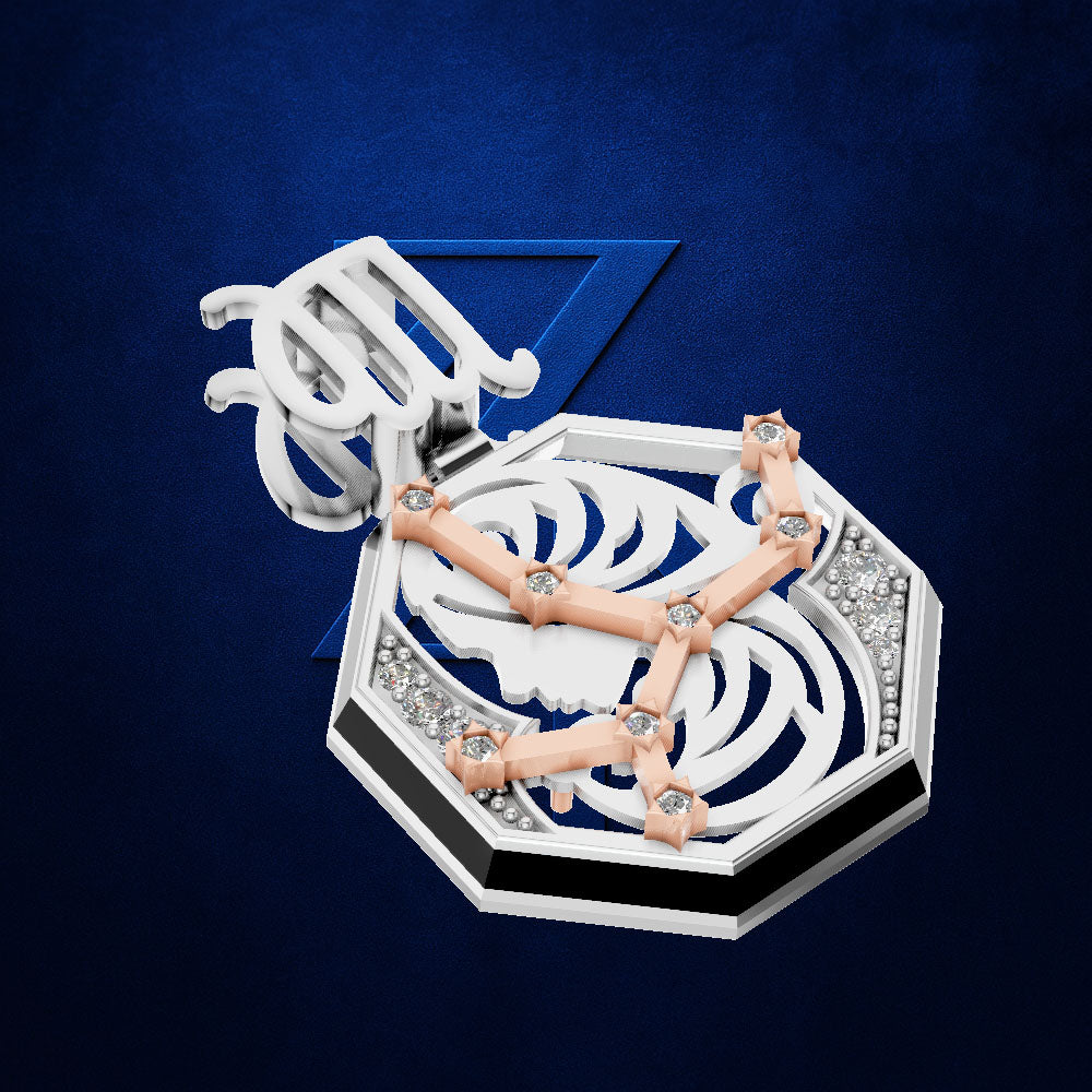 A silver-toned and rose gold-toned geometric pendant featuring a stylized skeleton ribcage, a white skull motif, and clear gemstones, set against a textured dark blue background.