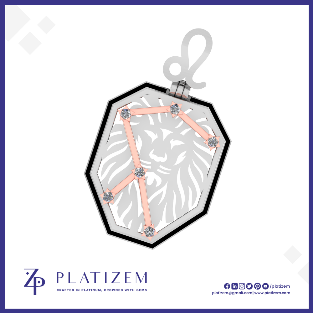 A silver-toned octagonal pendant charm featuring a cutout lion head design and a constellation pattern made of rose gold bars with clear gemstone connectors, shown on a white background with the brand name PLATIZEM at the bottom.