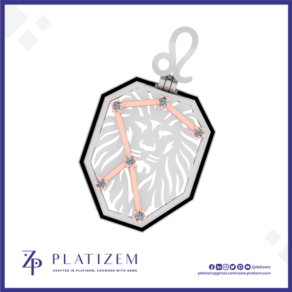 A silver-toned octagonal pendant charm featuring a cutout lion head design and a constellation pattern made of rose gold bars with clear gemstone connectors, shown on a white background with the brand name PLATIZEM at the bottom.