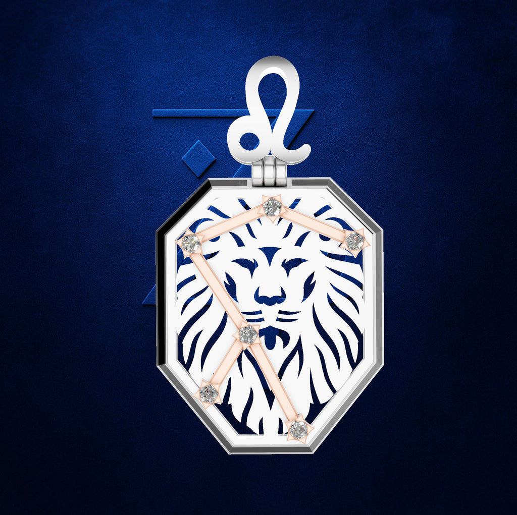 A luxury octagonal wall clock featuring a white lion head cutout on a navy blue background, with rose gold hands and crystal accents, topped with a white ampersand.