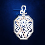 A luxury octagonal wall clock featuring a white lion head cutout on a navy blue background, with rose gold hands and crystal accents, topped with a white ampersand.