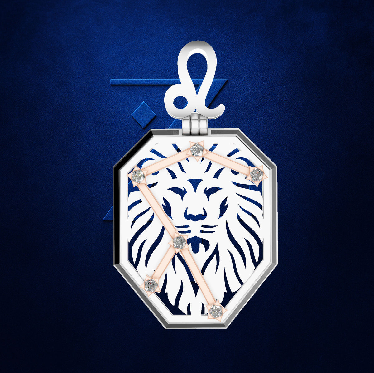 A luxury octagonal wall clock featuring a white lion head cutout on a navy blue background, with rose gold hands and crystal accents, topped with a white ampersand.