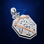 A luxury pendant featuring a silver lion head motif with rose gold geometric accents and clear gemstones, set against a textured dark blue background.