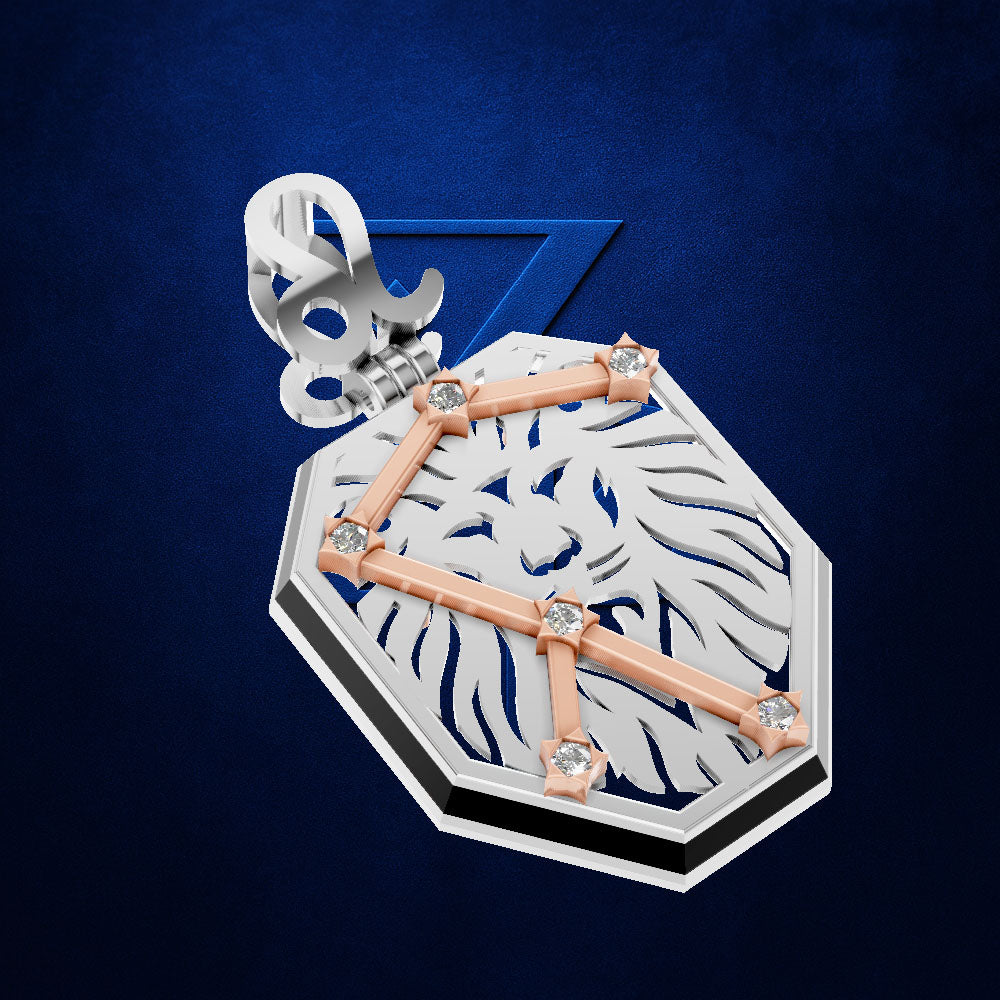 A luxury pendant featuring a silver lion head motif with rose gold geometric accents and clear gemstones, set against a textured dark blue background.