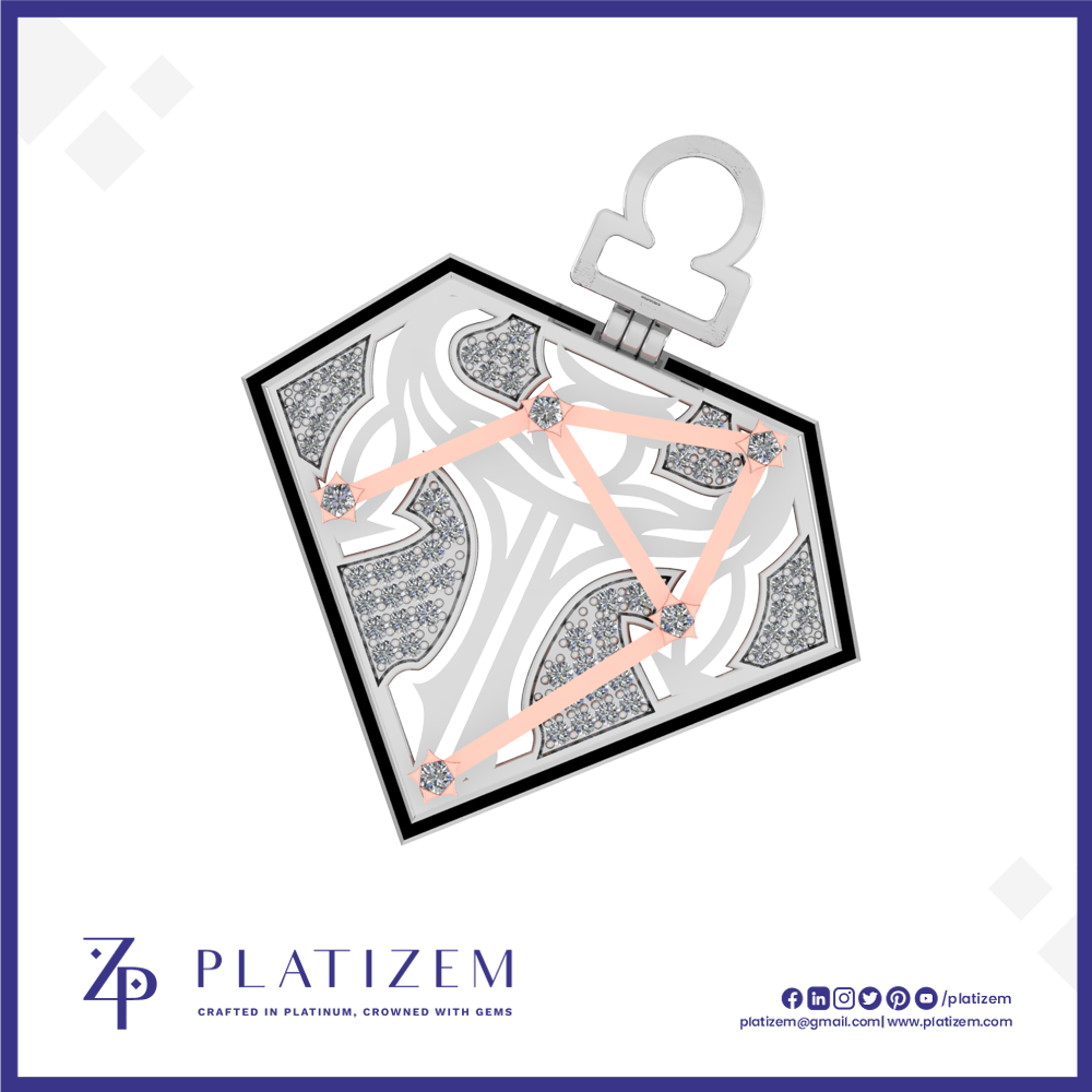 A geometric diamond-shaped pendant or charm with a silver-tone metal frame and a pale pink geometric line pattern over a white background. The pendant has a silver bail at the top and is shown on a white background with the brand name PLATIZEM at the bottom.