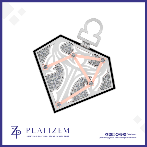 A geometric diamond-shaped pendant or charm with a silver-tone metal frame and a pale pink geometric line pattern over a white background. The pendant has a silver bail at the top and is shown on a white background with the brand name PLATIZEM at the bottom.