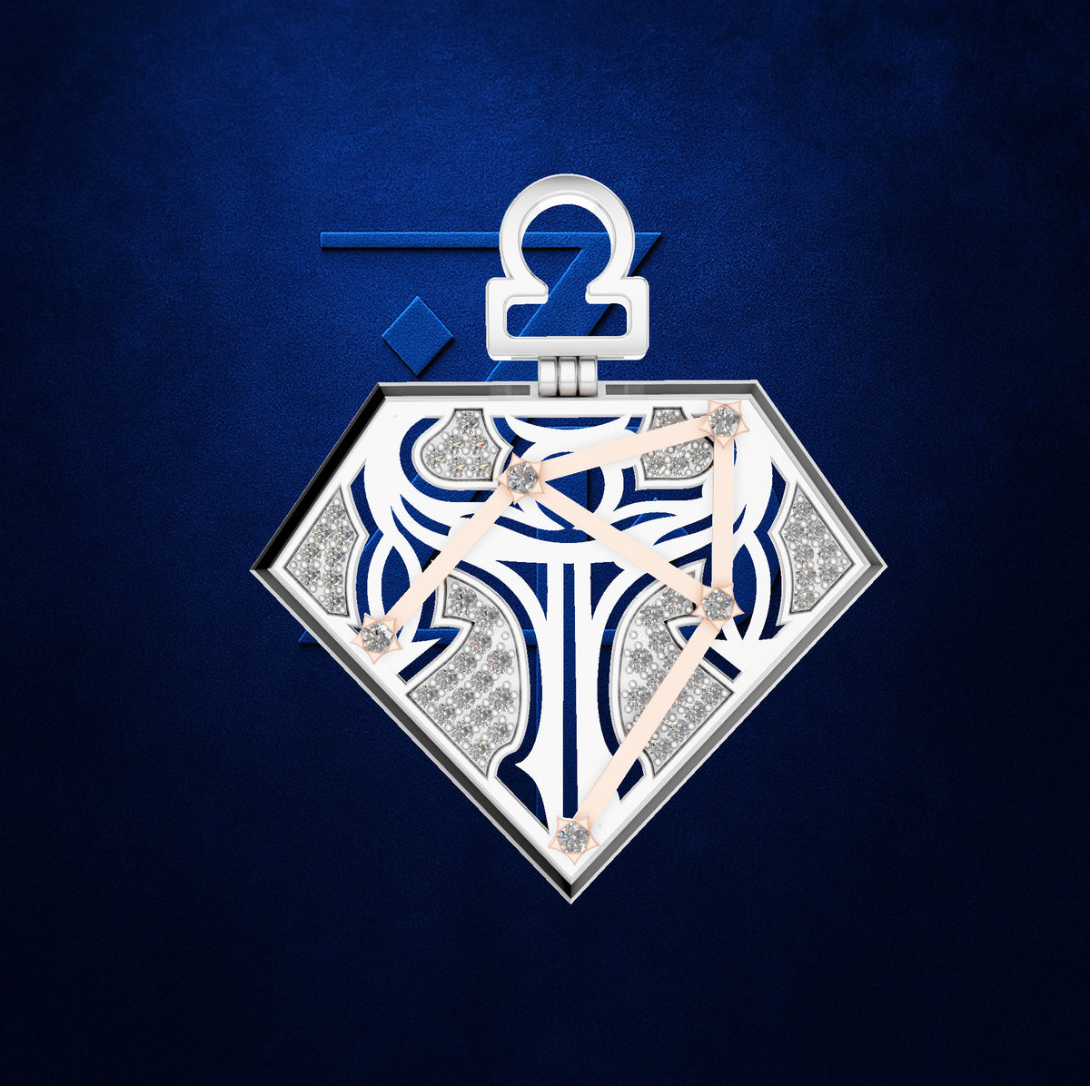 A luxury watch dial or pendant-style watch face in a diamond shape, featuring a white and navy blue abstract geometric design with rose gold hands and small clear stones, set against a textured dark blue background.