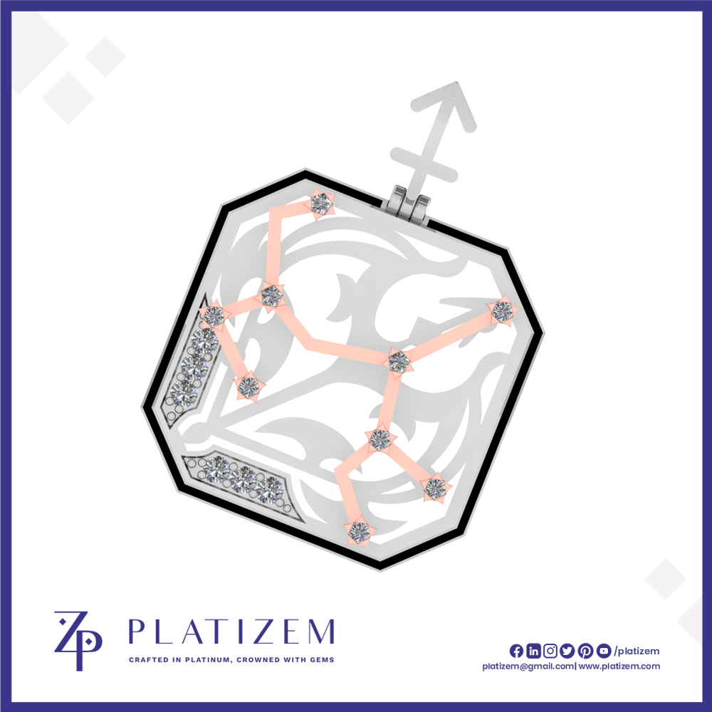 A stylized product graphic of an octagonal pendant or charm with a black border, silver-toned ornate background, pale pink astrological line design, and small gem-like accents, shown on a white field with the brand name PLATIZEM and social icons at the bottom.