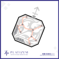 A stylized product graphic of an octagonal pendant or charm with a black border, silver-toned ornate background, pale pink astrological line design, and small gem-like accents, shown on a white field with the brand name PLATIZEM and social icons at the bottom.