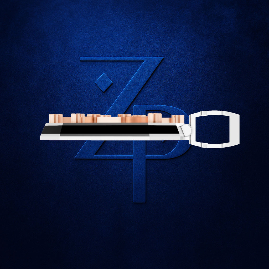 A 3D-rendered metallic object with a white rectangular end, black center band, and copper-toned cylindrical elements along the top, positioned horizontally over a large blue stylized 'ZPD' logo on a dark blue textured background.