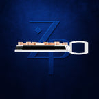 A 3D-rendered metallic object with a white rectangular end, black center band, and copper-toned cylindrical elements along the top, positioned horizontally over a large blue stylized 'ZPD' logo on a dark blue textured background.
