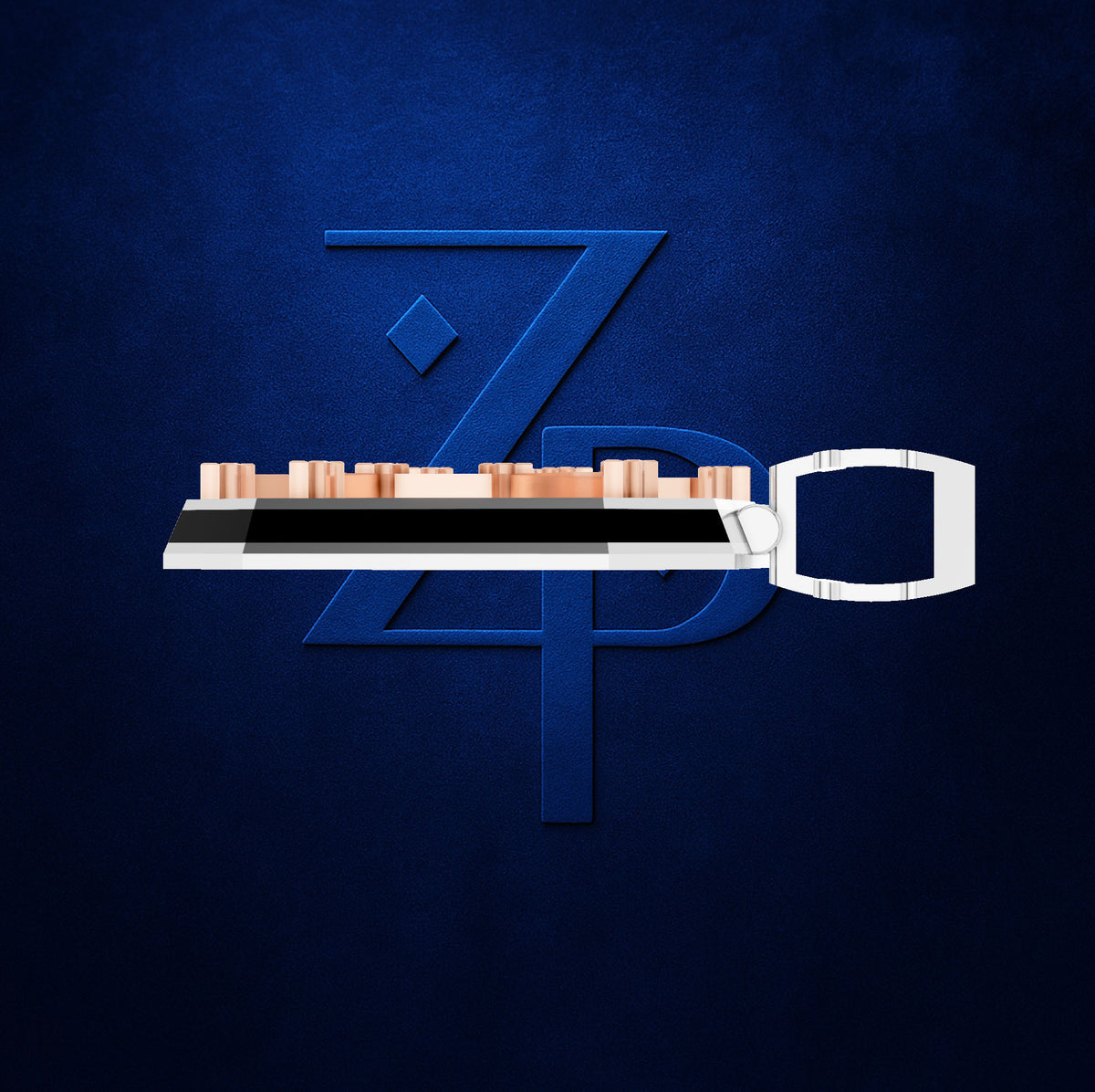 A 3D-rendered metallic object with a white rectangular end, black center band, and copper-toned cylindrical elements along the top, positioned horizontally over a large blue stylized 'ZPD' logo on a dark blue textured background.