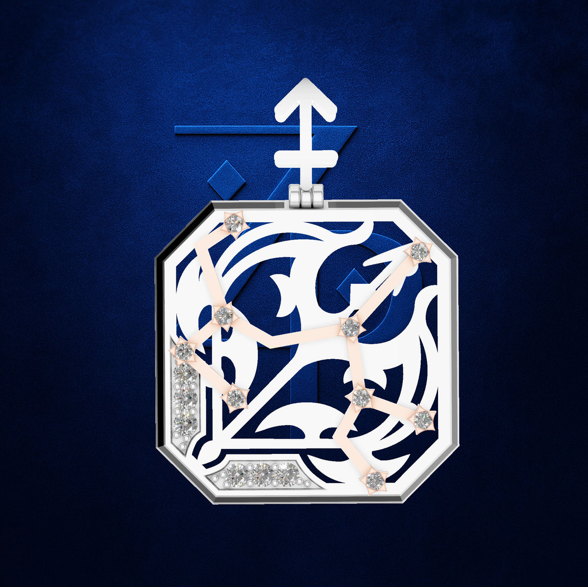 An octagonal pendant or brooch featuring intricate white filigree cutouts over a deep blue background, accented with small clear gemstones and a silver-toned border, set against a textured dark blue backdrop.