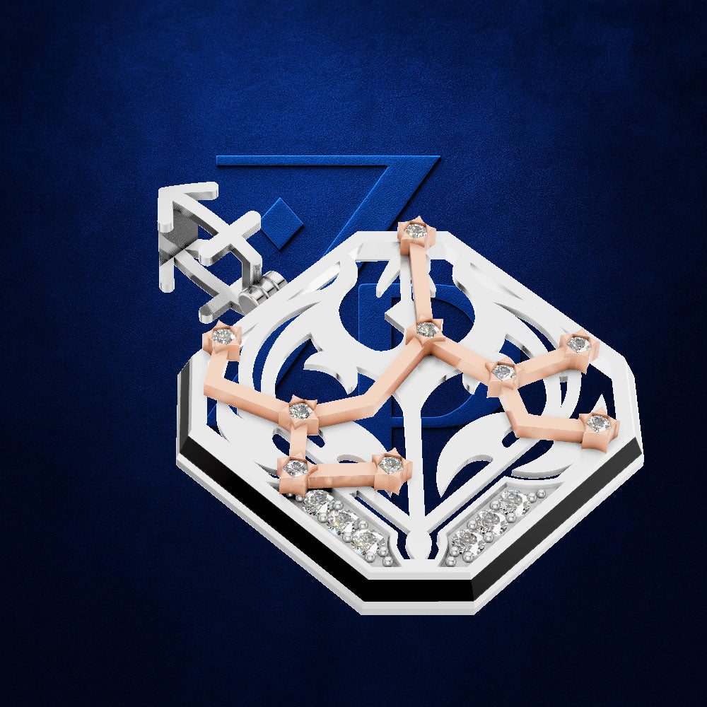 A geometric pendant featuring a white and black hexagonal base with a rose gold star-like network of branches, accented by clear rhinestones and a white bail with a butterfly motif, set against a dark blue textured background.