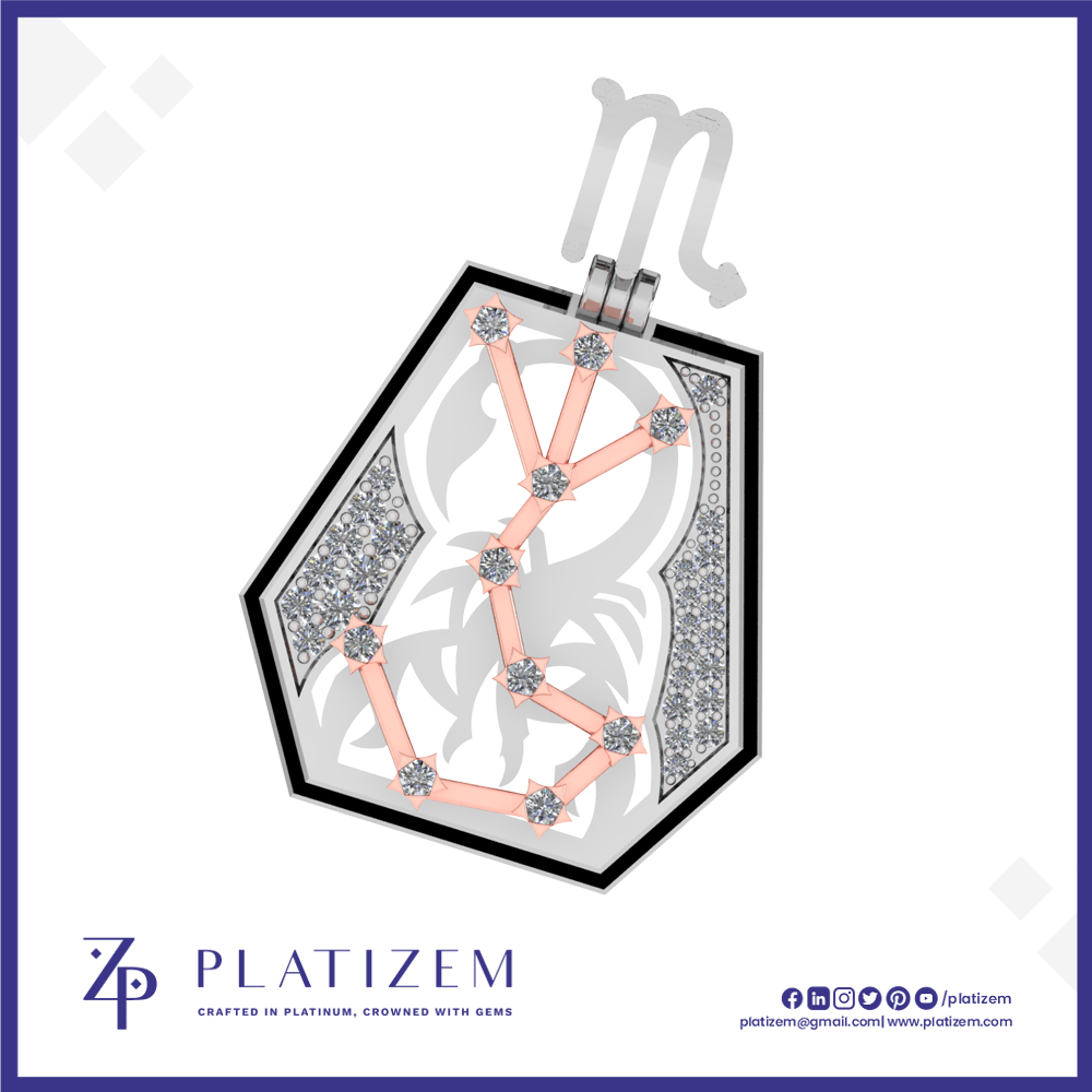 A hexagonal pendant necklace featuring a rose gold astrological symbol set with clear gemstones, bordered in black with pavé-set clear stones, shown on a white background with the brand name 'PLATIZEM' at the bottom.