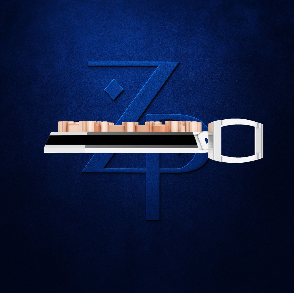 A modern, stylized digital illustration of a keyboard with a white handle and copper-colored keys, positioned horizontally in front of a large blue stylized 'ZP' monogram on a textured dark blue background.