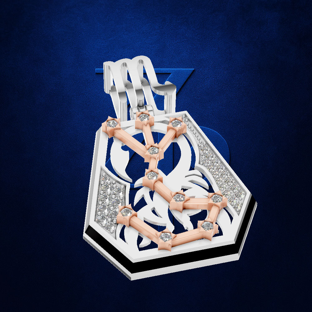 A luxury jewelry pendant featuring a white and rose gold celestial design with clear gemstones, set against a textured dark blue background.