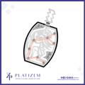 A shield-shaped pendant or charm design on a white background with a blue border. The pendant has a black outline, a silver-toned lion graphic, and a peach-colored constellational line pattern with gemstone accents.