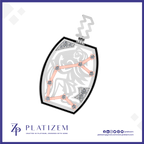A shield-shaped pendant or charm design on a white background with a blue border. The pendant has a black outline, a silver-toned lion graphic, and a peach-colored constellational line pattern with gemstone accents.