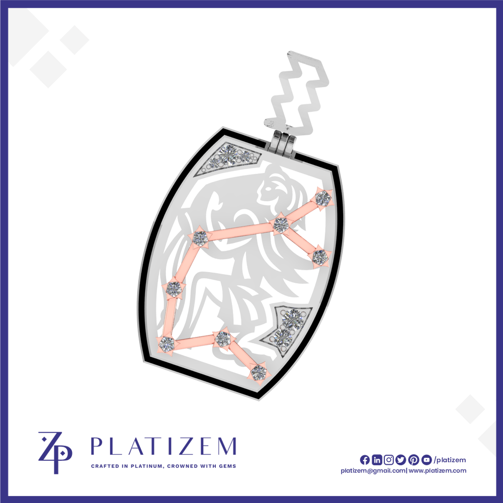 A shield-shaped pendant or charm design on a white background with a blue border. The pendant has a black outline, a silver-toned lion graphic, and a peach-colored constellational line pattern with gemstone accents.