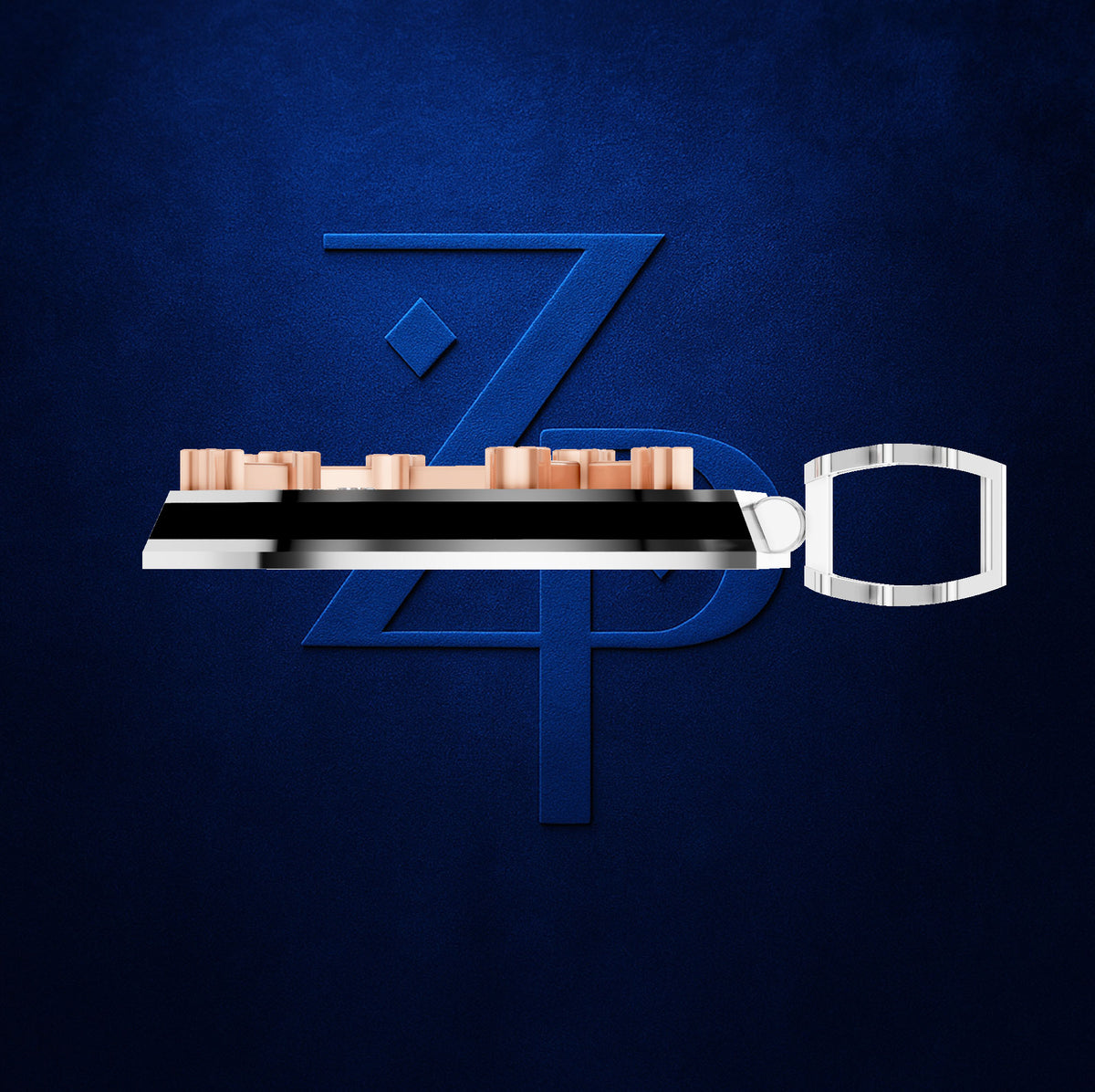 A stylized metallic key-shaped product with a silver body, black horizontal bar, and small peach-colored rectangular elements on top, centered over a large blue 'ZPD' monogram on a dark blue textured background.