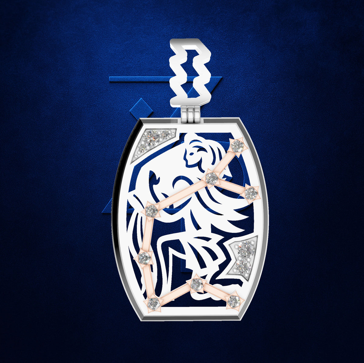 A luxury watch pendant featuring a white and navy blue zodiac symbol of Libra, accented with rose gold hands and diamond-like crystal details, set against a textured dark blue background.