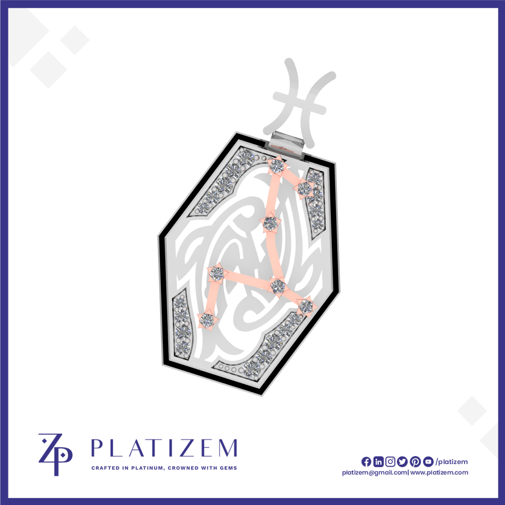 A hexagonal pendant necklace featuring a silver-toned Celtic knot design, a peach-pink constellational line drawing, and clear gemstone accents, shown on a white background with the brand name 'PLATIZEM' at the bottom.