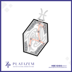 A hexagonal pendant necklace featuring a silver-toned Celtic knot design, a peach-pink constellational line drawing, and clear gemstone accents, shown on a white background with the brand name 'PLATIZEM' at the bottom.