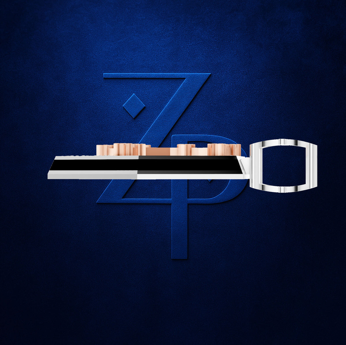 A stylized blue graphic logo or emblem on a textured dark blue background, with a horizontal metallic object crossing the center and a rectangular silver-and-white loop on the right.