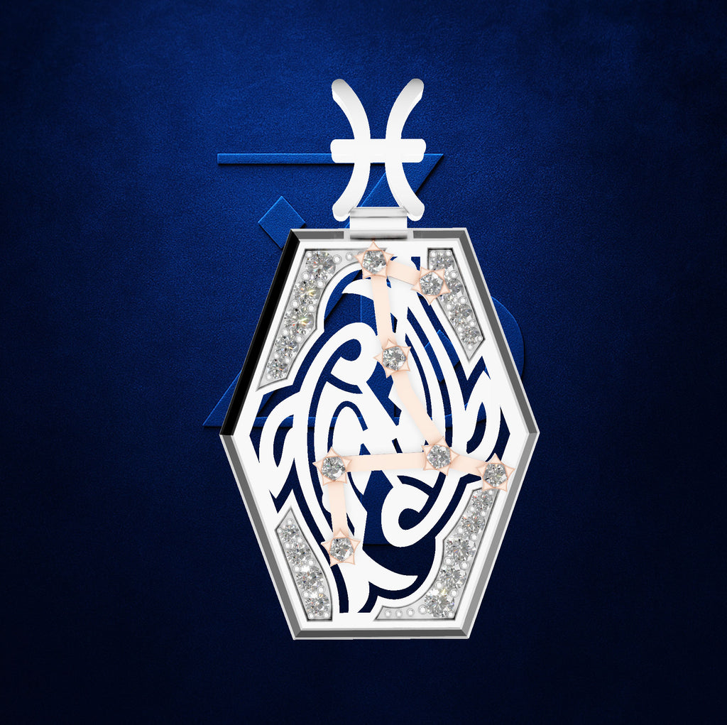 A silver-toned hexagonal pendant featuring an intricate white Celtic knot design and sparkling clear gemstones, suspended against a textured dark blue background.