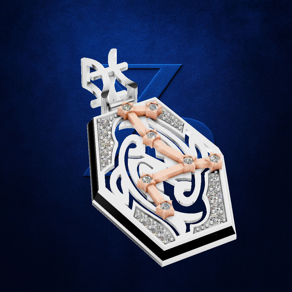 A highly detailed, sculptural jewelry piece featuring a white and blue abstract design with rose gold elements and clear rhinestones, set against a textured dark blue background.