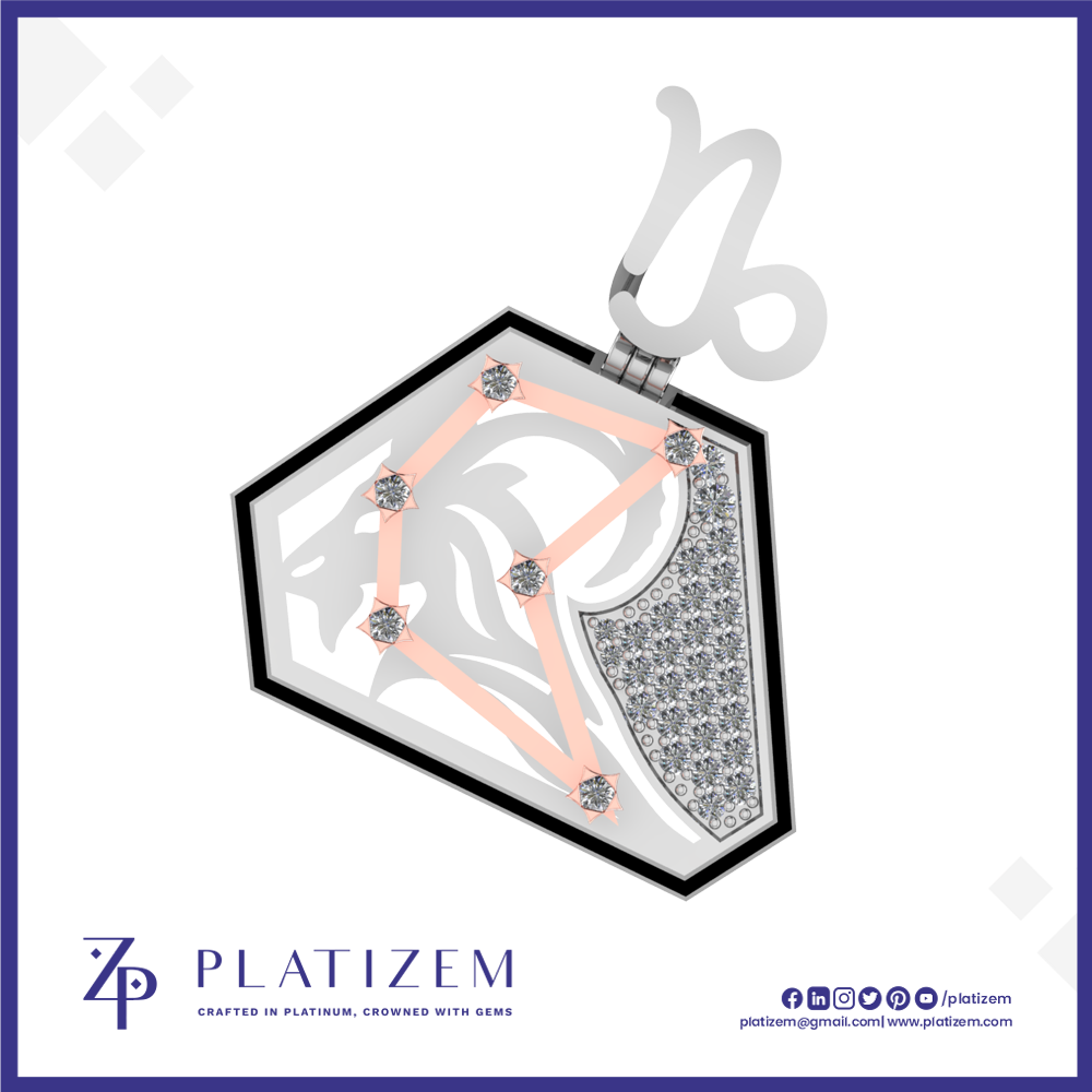 A hexagonal pendant necklace from the brand PLATIZEM, featuring a silver-toned B zodiac sign symbol, a white horse engraving, a diamond-encrusted silver side, and a rose gold constellation line with diamond accents, shown on a white background with a blue border.