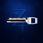 A silver and white watch strap with a rectangular buckle and a copper-toned end section, shown in profile against a textured dark blue background with a stylized blue 'ZP' logo.