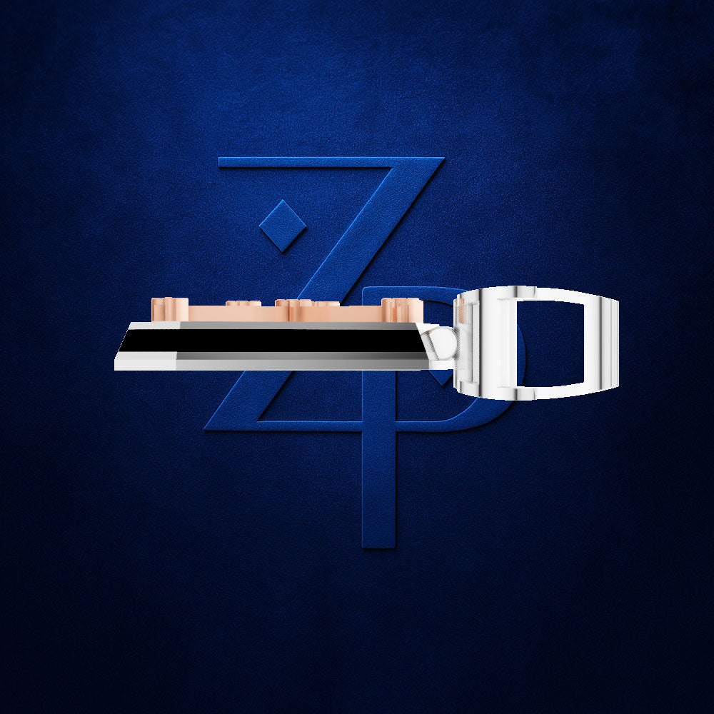 A silver and white watch strap with a rectangular buckle and a copper-toned end section, shown in profile against a textured dark blue background with a stylized blue 'ZP' logo.