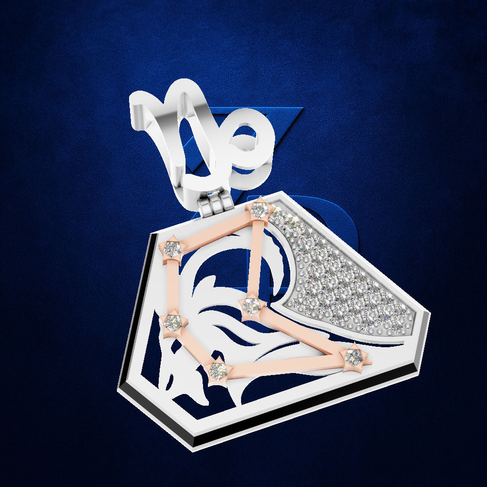 A luxury diamond pendant featuring a white enamel shield with a silver-tone eagle design, rose gold bars, a diamond-encrusted silver section, and a polished silver-tone eagle head above, set against a textured dark blue background.