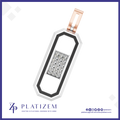 A modern pendant necklace featuring a rose gold top loop and a black and white geometric frame with a central diamond-encrusted silver panel, shown on a white background with the Platizem brand logo at the bottom.