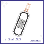 A modern pendant necklace featuring a rose gold top loop and a black and white geometric frame with a central diamond-encrusted silver panel, shown on a white background with the Platizem brand logo at the bottom.