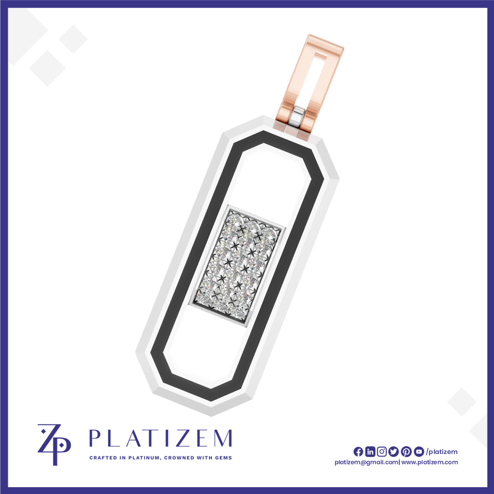 A modern pendant necklace featuring a rose gold top loop and a black and white geometric frame with a central diamond-encrusted silver panel, shown on a white background with the Platizem brand logo at the bottom.