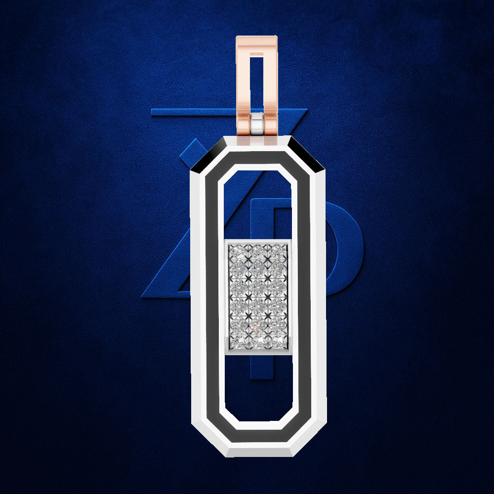 A modern geometric pendant necklace featuring a white and black outlined frame with a central diamond-studded silver panel and a rose gold bail, set against a textured dark blue background.