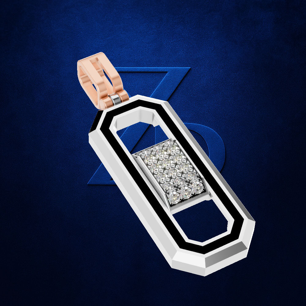 A geometric pendant with a silver-toned outer frame, black inner trim, and a pavé-set clear stone center, suspended from a rose gold clasp, shown on a textured dark blue background.