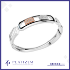 A silver-toned geometric bangle bracelet with two rectangular inset panels, one rose gold and one white gold or platinum, both embellished with small clear stones. The bracelet is displayed on a white background with a blue border, featuring the PLATIZEM brand logo at the bottom.