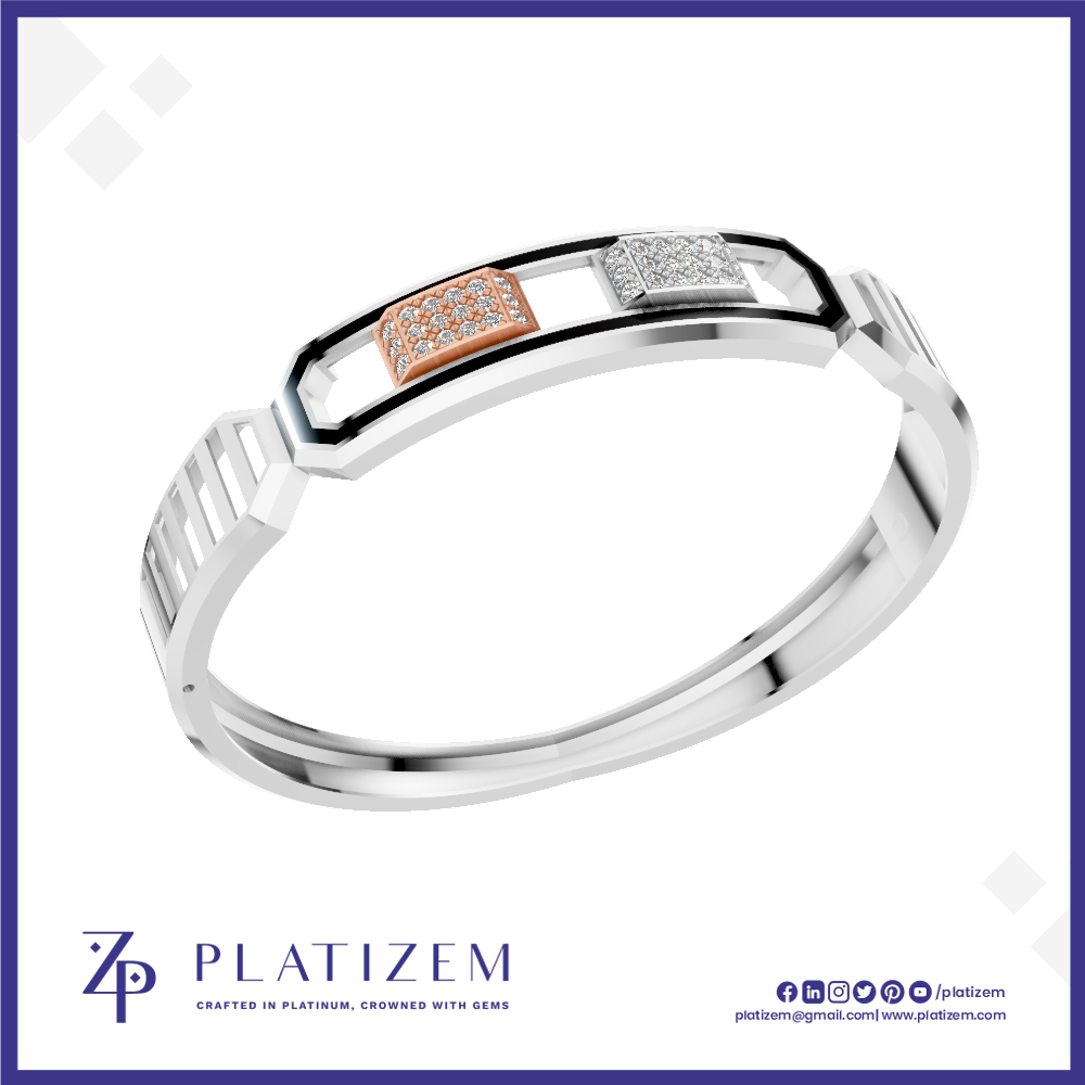 A silver-toned geometric bangle bracelet with two rectangular inset panels, one rose gold and one white gold or platinum, both embellished with small clear stones. The bracelet is displayed on a white background with a blue border, featuring the PLATIZEM brand logo at the bottom.