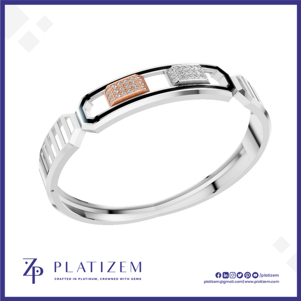 A silver-toned geometric bangle bracelet with two rectangular inset panels, one rose gold and one white gold or platinum, both embellished with small clear stones. The bracelet is displayed on a white background with a blue border, featuring the PLATIZEM brand logo at the bottom.