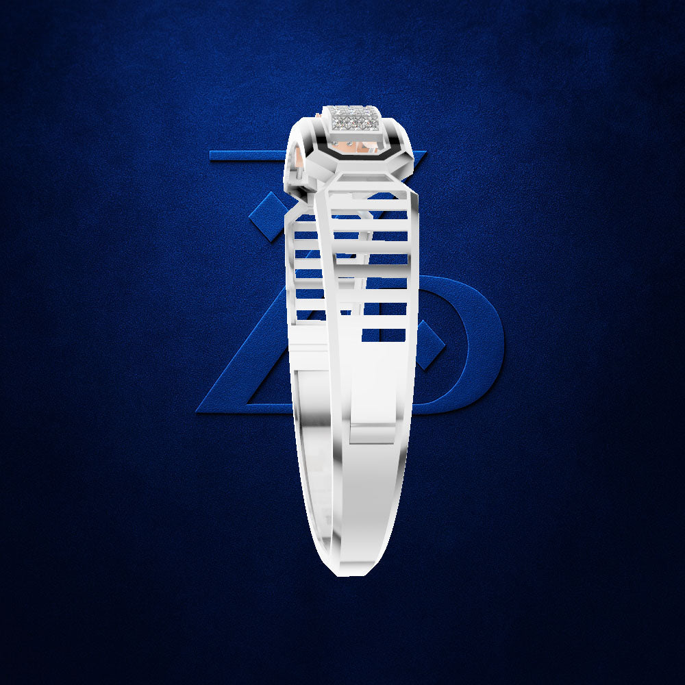 A white structured watch band with a central crystal and small orange accent, shown against a dark blue textured background with a subtle blue geometric logo.